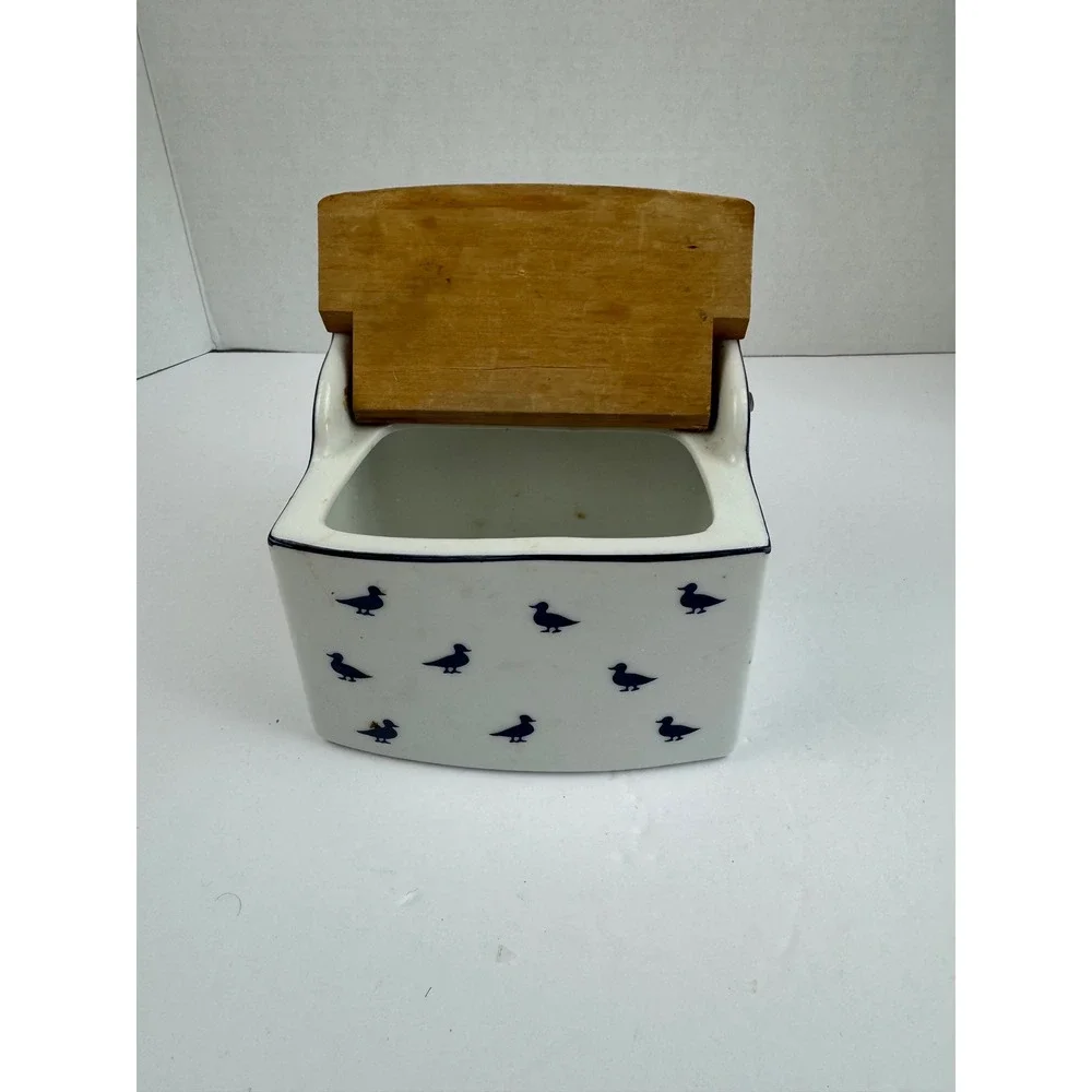 Vintage Shafford Blue Ducks Fine Porcelain Wall Hanging Salt Box Wooden Lid